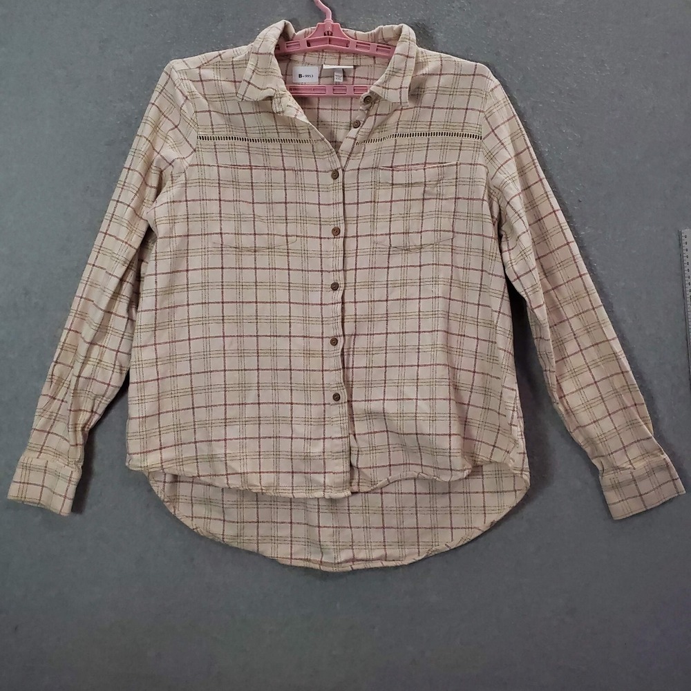 Shyanne Women Top 2XL Cream Plaid Crop Western Long Sleeve Button Up Collar